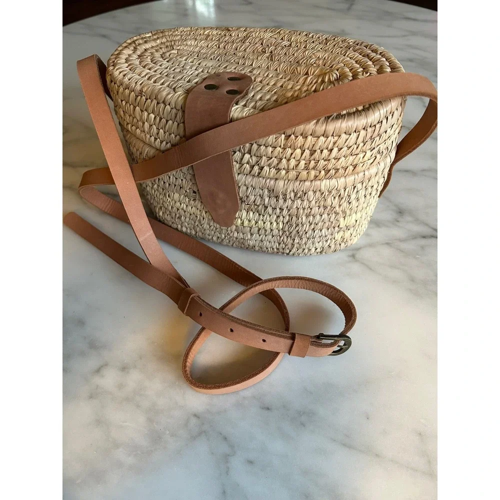 Ten Thousand Villages Woven Straw Crossbody Purse Tan Leather Trim Bangladesh - Picture 8 of 16